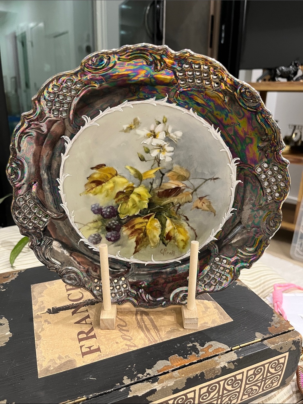 Vintage Hand-Painted Carnival Glass Plate by G. Pratt